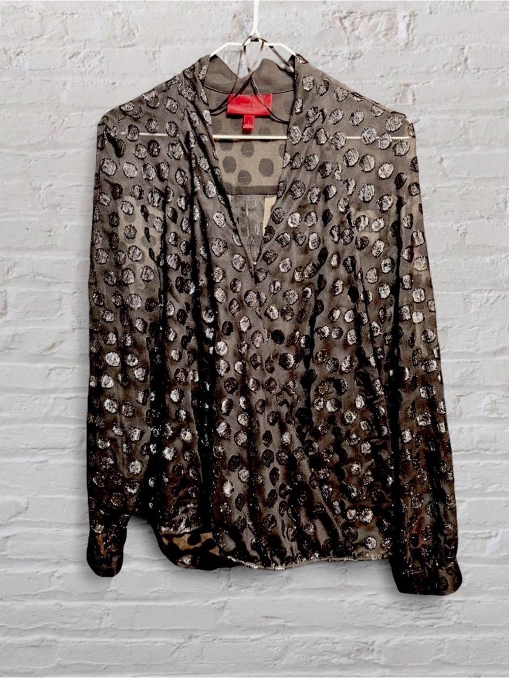 Jennifer Lopez Black Metallic Silver Polka Dot Sheer Faux Wrap Blouse Top L